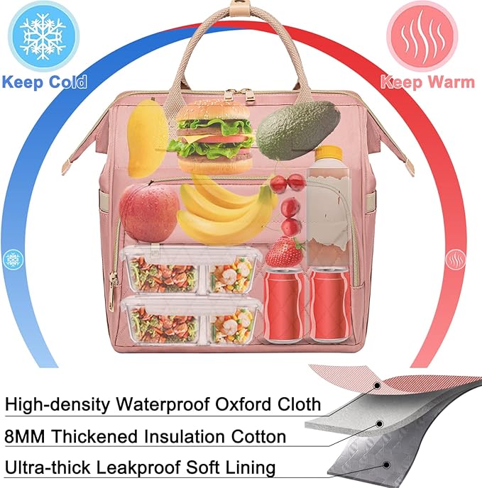 AIJIEKE Lunch Bag for Women, Large Lunch Box for Work Insulated Lunch Bag, Adult Leak Proof Lunch Tote Cooler Bag with Side Pockets & Adjustable Strap, Lunch Purse for Picnic Beach Hiking, Pink