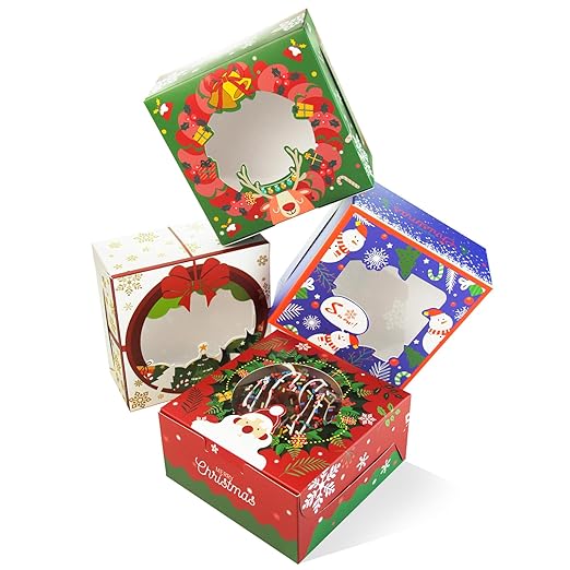 qiqee Christmas Cookie Boxes with Window 6x6x3 Inch 100packs Bakery Box Pastry Box for Christmas