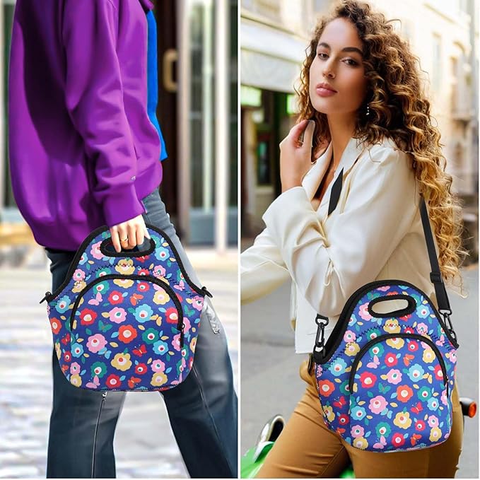 CILLA Neoprene Lunch Bag for Women Insulated Lunch Tote Bags Washable Lunch Container Box Picnic Lightweight Meal Prep Bags(Butterfly Wild flowers+)