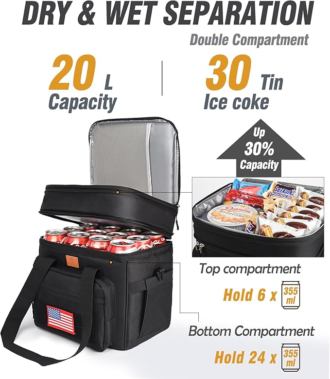 Tactical Lunch Box for Men, Expandable Heavy Duty Double Deck Tactical Lunch Bag with Shoulder Strap, Leakproof & Insulated Lunch Cooler Bag for Adult Work Fishing Picnic Travel,20L (Black)