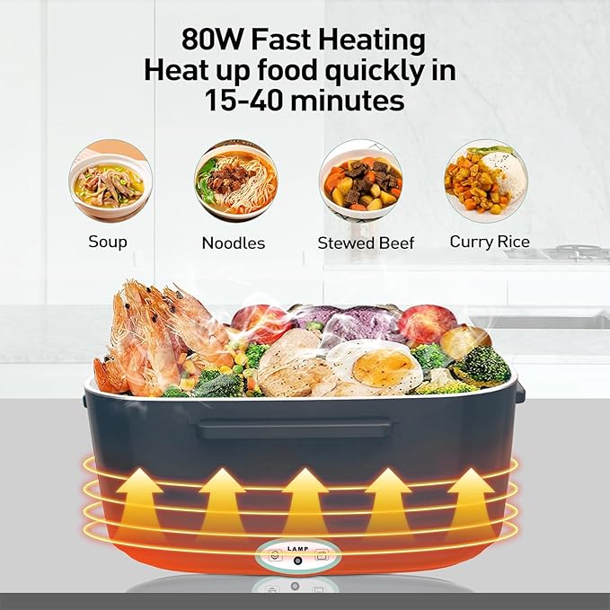 APSARAS Electric Lunch Box 60-80W Food Heater, 3in1 Ultra Quick Heated Lunch Boxes for Adults, 12V/24V/110V Portable Food Warmer for Car/Truck/Office With SS Fork Spoon and Insulated Carry Bag(green)