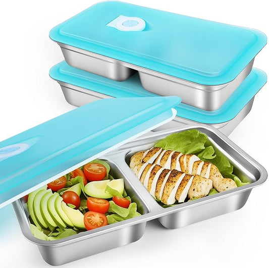 2 Pack Stainless Steel Snack Containers, Reusable Grab and Go Snack Containers with Lids, Double Compartment Food Storage Containers for Travel, Outdoor Camping