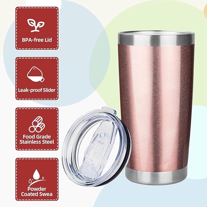20oz Tumbler with Lid Stainless Steel Insulated Tumblers Travel Coffee Tumbler Bulk Double Wall Vacuum Insulated Water Cup Christmas Gifts for Women Men Her Him Home Office (Rose Gold, 4pack)