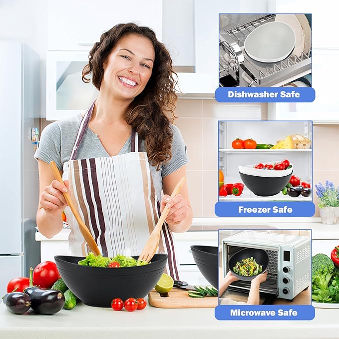 Wrova Big Wheat Straw Bowls,Unbreakable Large Salad Bowls,Dishwasher and Microware Safe Plastic Bowls Reusable,Kitchen Bowl Set for Salad,Cereal,Soup and Oatmeal.Black and White