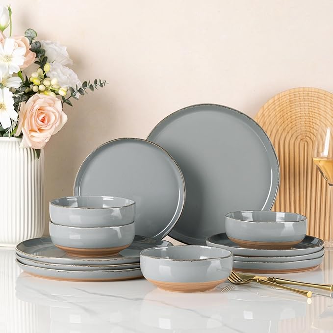 AmorArc Ceramic Dinnerware Sets for 4, 12 Pieces Handpainted Plates and Bowls Set with Rustic Terracotta Underside, Scratch Resistant Stoneware Dishes Set, Dishwasher & Microwave Safe