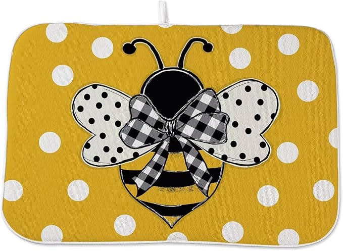 Summer Dish Drying Mat 18 x 24 inch Yellow Bumble bee Polka Dots Decorative Drying Mats Microfiber Absorbent Dish Washable Draining Mat for Kitchen Counter Decor