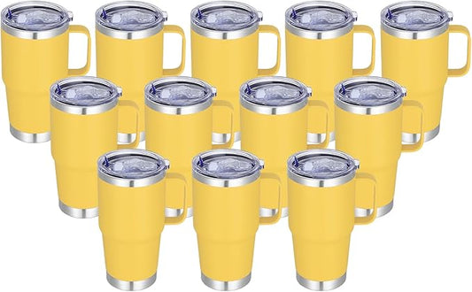 20 oz Stainless Steel Tumbler with Handle Bulk Metal Insulated Tumblers Travel Coffee Mug with Handle Double Wall Tumbler Cup with Lid and Straw, Yellow 12 Pack