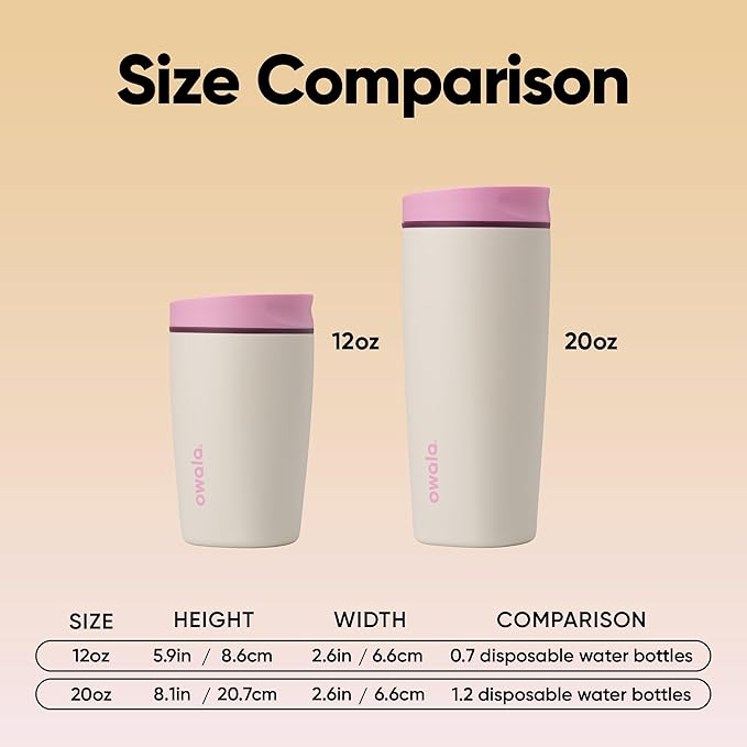 Owala SmoothSip Slider Insulated Stainless Steel Coffee Tumbler, Reusable Iced Coffee Cup, Hot Coffee Travel Mug, BPA Free 20 oz, Pink/Tan (Daybreak)