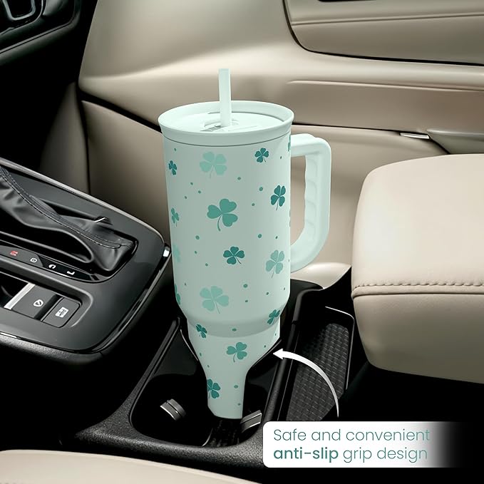 40oz Shamrock Tumbler with Handle and Straw - Insulated Stainless Steel Coffee Travel Mug, Christmas St. Patrick's Day Irish Gifts
