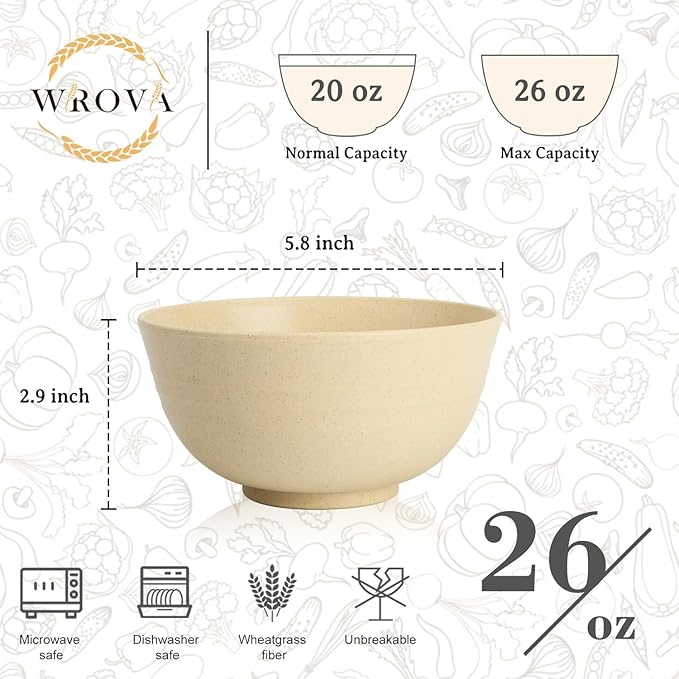 Wrova 6-piece Wheat Straw Bowls sets 26oz,Alternative Plastic Bowls Reusable for indoors and outdoors,Microwave-able and Dishwasher Safe Bowls Sets Easy to Clean.Beige Series