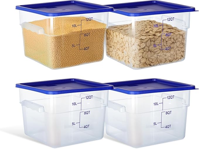 4 Pack 12 Quart Food Storage Containers with Lids, Polycarbonate Square Commercial Food Containers, NSF, Clear, New Version