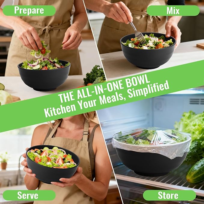 Wheat Straw Bowls Set of 6, Unbreakable Lightweight 60 OZ Salad Bowls for Kitchen and Camping, Big Plastic Bowl for Serving, Cereal, Ramen, Soup, Microwave & Dishwasher Safe, Black