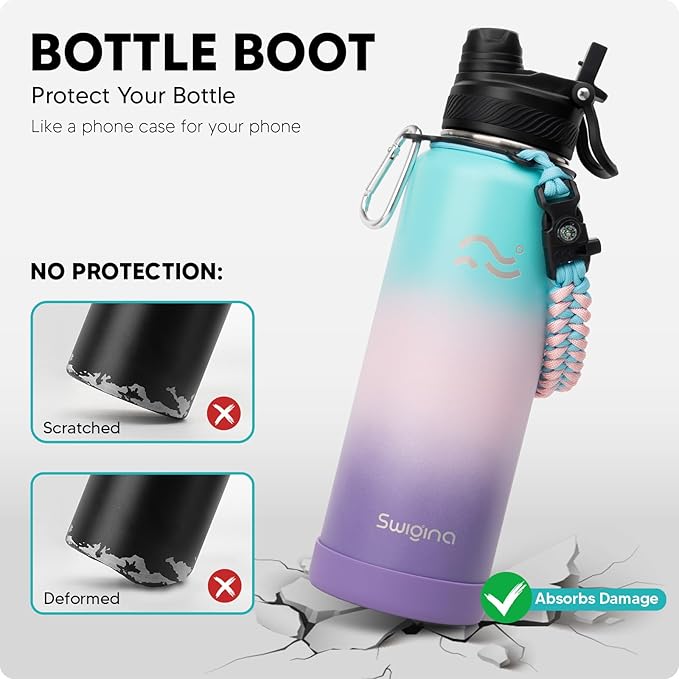 [2-IN-1 LID] Insulated Water Bottle with Silicone Boot (36hrs Cold/18hrs Hot) - DIY Stickers, Leakproof, BPA Free, 40 oz