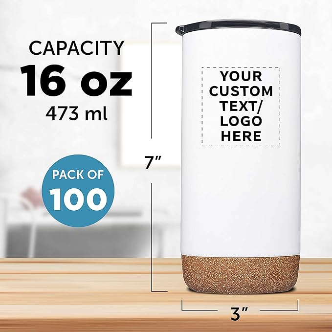 Custom Travel Tumblers with Cork Bottom 16 oz. Set of 100, Personalized Bulk Pack - Double Wall Insulated, Matte Finish, Perfect for Iced Coffee, Soda, Other Beverages - White