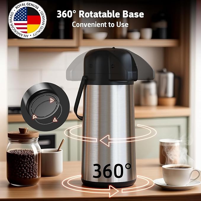 Airpot Coffee Dispenser 102 oz (3L) with Pump, Drip Tray and Cleaning Brush - Stainless Steel Insulated Carafe - 24 Hour Heat Retention - 36 Hour Cold Retention - 2 Gifts are included