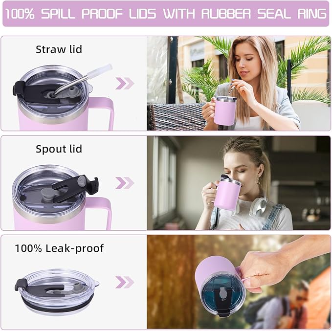 Volhoply 12oz Insulated Leakproof Coffee Mug with Flip & Straw Lid Bulk 2 Pack,Double Wall Vacuum Stainless Steel Travel Tumbler Cup with Handle,Reusable Camping Mugs Keep Cold/Hot(Purple,2 Set)