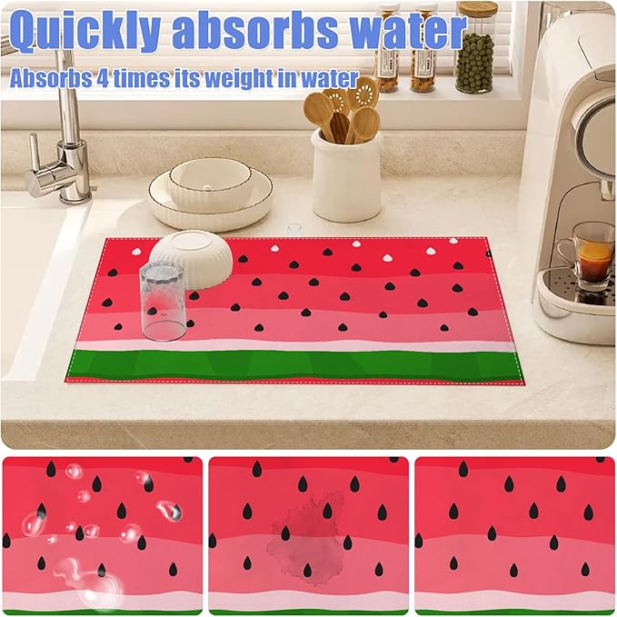Watermelon Dish Drying Mat for Kitchen Counter Fruit Drying Pad Absorbent Reversible Dish Drainer Rack Mats Draining Pad 18"x24"Inch