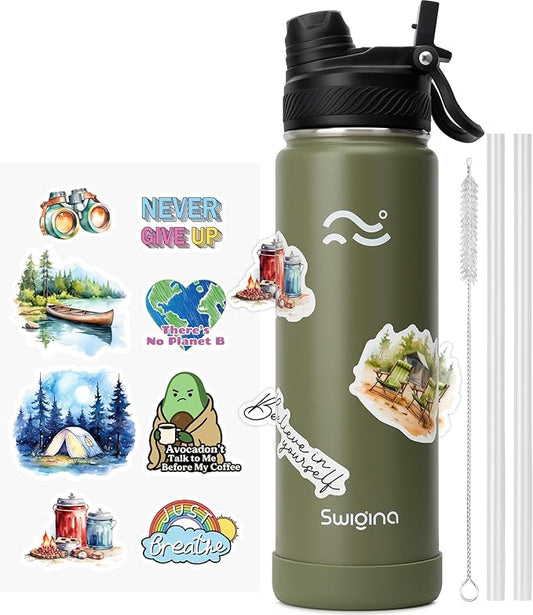 [2-IN-1 LID] Insulated Water Bottle with Silicone Boot (36hrs Cold/18hrs Hot) - DIY Stickers, Leakproof, BPA Free, 24 oz