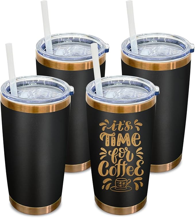 20 oz Tumbler Bulk 4 Pack Stainless Steel Tumbler with Lid and Straw, Double Wall Vacuum Insulated Travel Coffee Mug for Laser Engrave, Powder Coated Cup for Hot and Cold Drinks (Black,4 pack)
