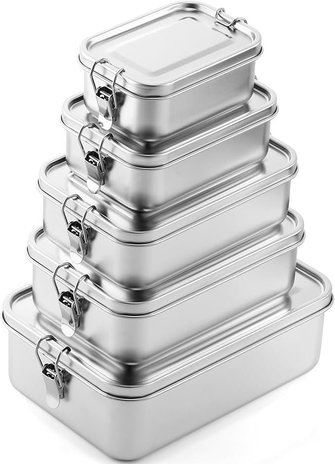 Umigy 5 Pcs Stainless Steel Food Containers 550/850/1200/1400/2400 ml Metal Bento Lunch Box Stainless Steel Food Storage Containers, Lockable Clips to Leak Proof, Reusable Dishwasher Snack Boxes