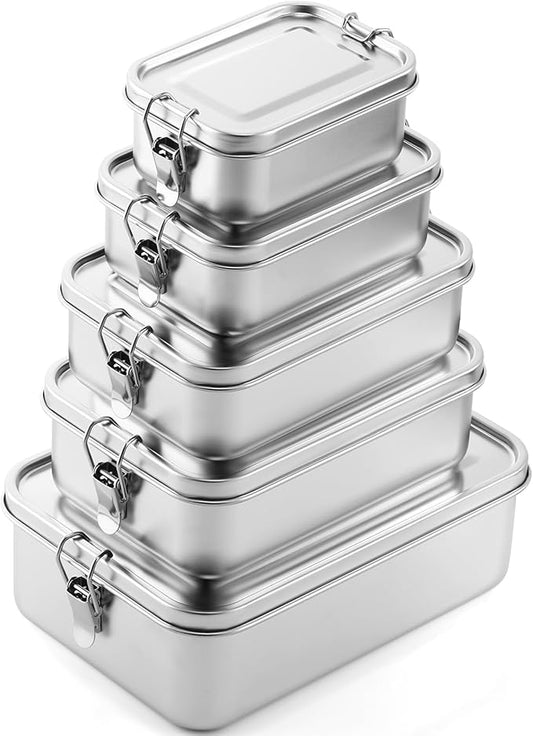 Umigy 5 Pcs Stainless Steel Food Containers 550/850/1200/1400/2400 ml Metal Bento Lunch Box Stainless Steel Food Storage Containers, Lockable Clips to Leak Proof, Reusable Dishwasher Snack Boxes