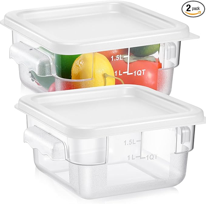 2 Pieces Square Food Storage Containers Polycarbonate Clear food Container with Lid Commercial Storage with Graduations for Commercial Kitchen Dough Marinating Meat(White,2 Qt)