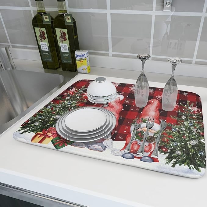 Winter Gnome Dish Drying Mat 18x24 inch Christmas Elf Trees Snowflakes Dish Drainer Mats Large Black Red Buffalo Plaids Fast Drying Absorbent Dish Drying Pad for Kitchen Countertop Holiday Decor