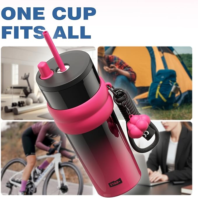 24 oz Stainless Steel Tumbler with Lid and Straw, Insulated Water Bottle Leak Proof for Hot and Cold, Portable Travel Coffee Mug, Reusable Coffee Cup for Women, Black&Pink