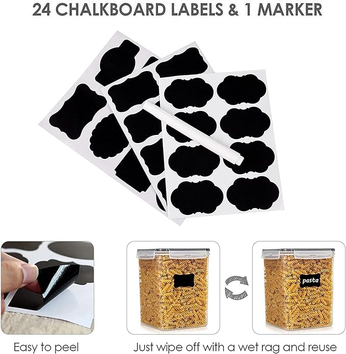 Vtopmart Food Storage Containers 2.5L / 84.5oz, 4 Pieces BPA Free Plastic Airtight Canister for Flour, Sugar, Baking Supplies, with 4 Measuring Cups and 24 Labels, Black