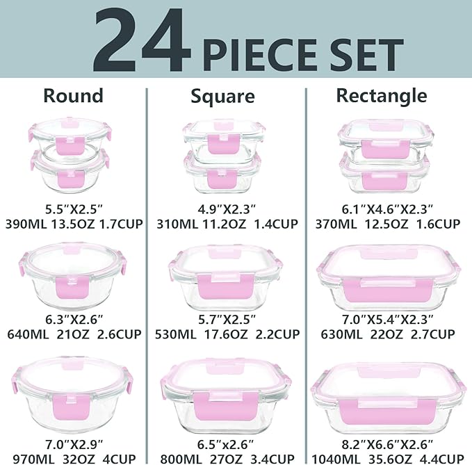 12 Pack Glass Meal Prep Food Storage Containers with Lids Airtight Stackable, Microwave, Oven, Freezer and Dishwasher Safe(Pink)