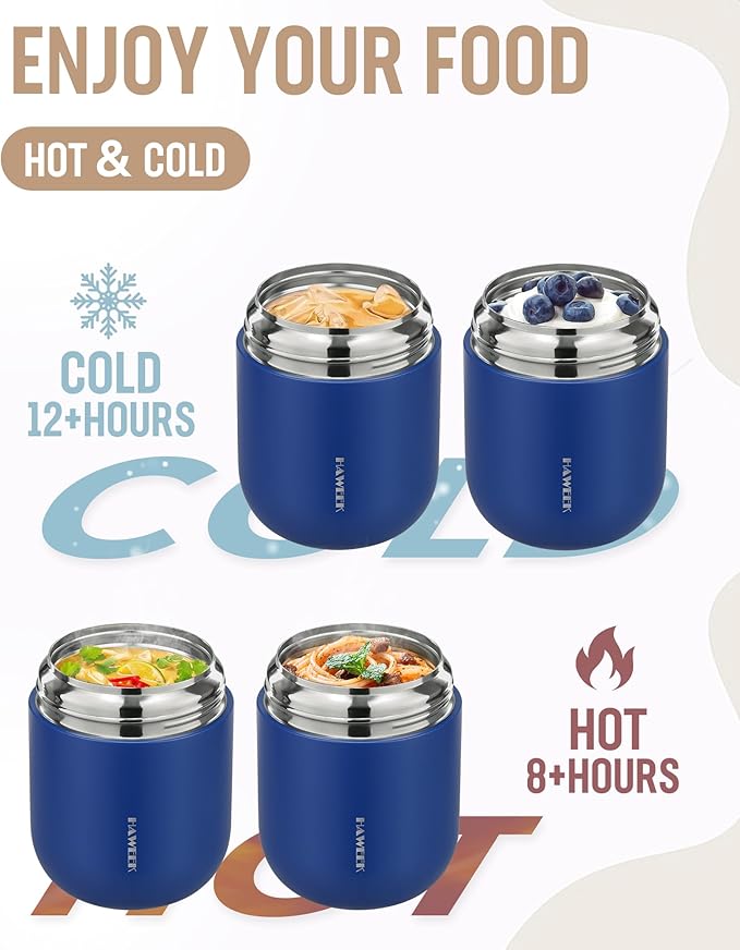 17oz Soup Thermo for Hot Food Adults Insulated Food Jar Thermo Hot Food Lunch Container Wide Mouth Stainless Steel Lunch Box for Kids with Folding Spoon Cleaning Brush Navy Blue