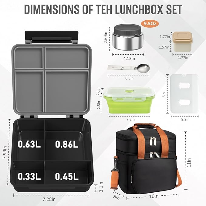 Adult Lunch Box Set Insulated Leakproof Meal Prep Kit with 4-Compartment, Thermo for Hot&Cold Food, Lunchbox Containers for Men&Women, Lunch Cooler Bag with Ice Pack for Work Camping Daytrip(Black)