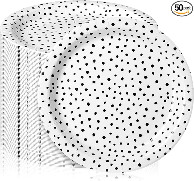 Zhehao 50 Pcs Black Painted Dots Paper Plates 9 Inch Disposable Summer Plates Party Decoration for Birthday Picnic Spring Wedding Baby Shower