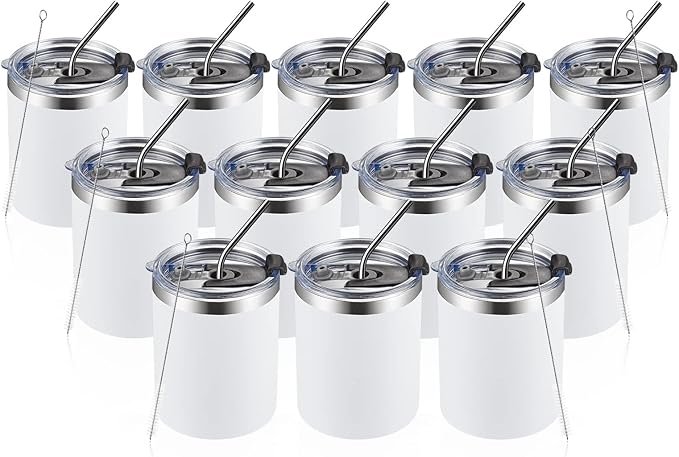 MEWAY 12 oz Lowball, Tumbler Stainless Steel Double Wall Vacuum Insulated Mug with Straw and Lid, Cleaning Brush ，Durable Powder Coated Insulated Coffee Cup for Cold & Hot Drinks (White, 12 pack)