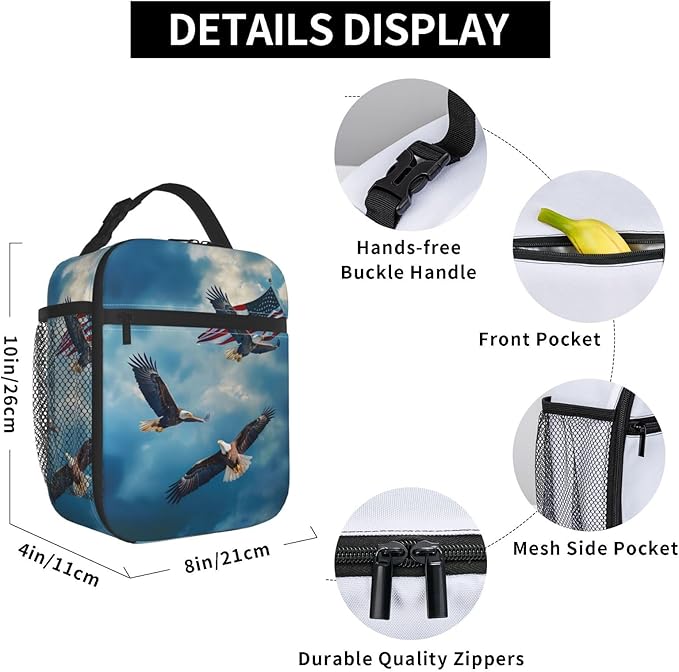 Bald Eagle Print Insulated Lunch Box Gifts for Kids Adults American Flag and Blue Sky Design Reusable Portable Lunchbox Cooler Lunchbag for Work Picnic School Travel or Hiking