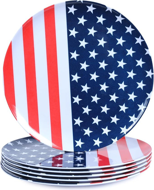 White Melamine Dinner Plates,6pcs Dishes Set,10inch Lightweight Round Plates,Scratch Resistant Unbreakable Serving Dishes,Flag