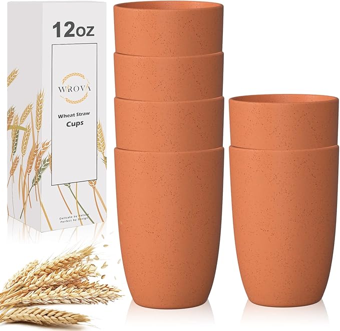 Wheat Straw Cups 6 PCS Good Alternative to Plastic Reusable Cups 12 oz Unbreakable Drinking Cup Reusable Dishwasher Safe Water Plastic Glasses Orange