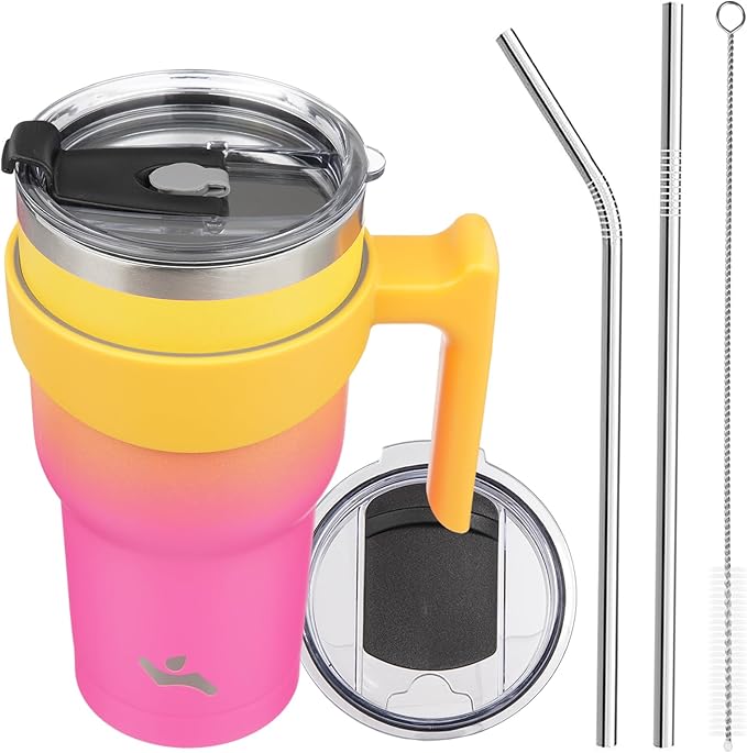 30 oz Tumbler with Handle and 2 Straw 2 Lid, Insulated Water Bottle Stainless Steel Vacuum Cup Reusable Travel Mug,Rainbow