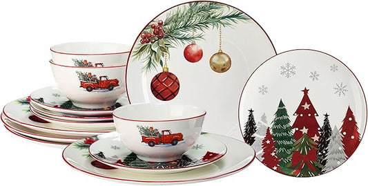LemonRoad 18 Pcs Christmas Dinnerware Set Serve for 6 Guest Ceramic Christmas Dishes Xmas Tableware Collection Holiday Plates and Bowls Set for Festive Party Kitchen Decoration