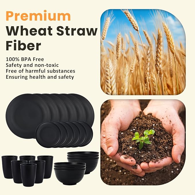 Homienly 24-Piece Wheat Straw Dinnerware Sets,Service for 6 - Cups, Plates and Bowls Sets,Reusable Dishwasher and Microwave Safe Melamine Dinnerware Set for Home,Camping,RVs - Black