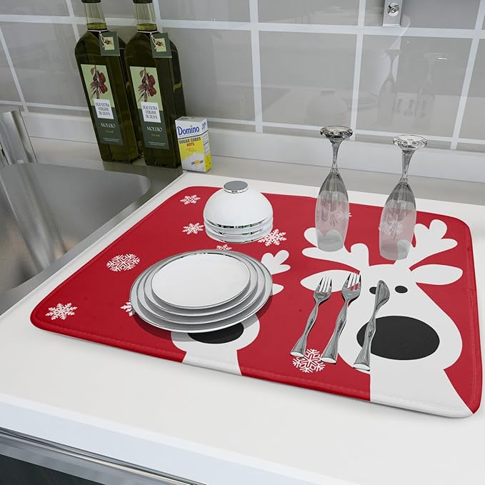 Christmas Dish Drying Mat for Kitchen Counter Cute Reindeer Winter Microfiber Absorbent Dish Draining Reusable Washable Foldable Extra Large 18"x24"