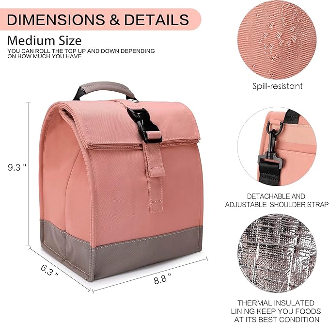 SUNNY BIRD Insulated Lunch Bag Pink Lunch Box Small Cooler Bag for Women, Girls, Adults and Teens (Pink with pink shoulder strap)