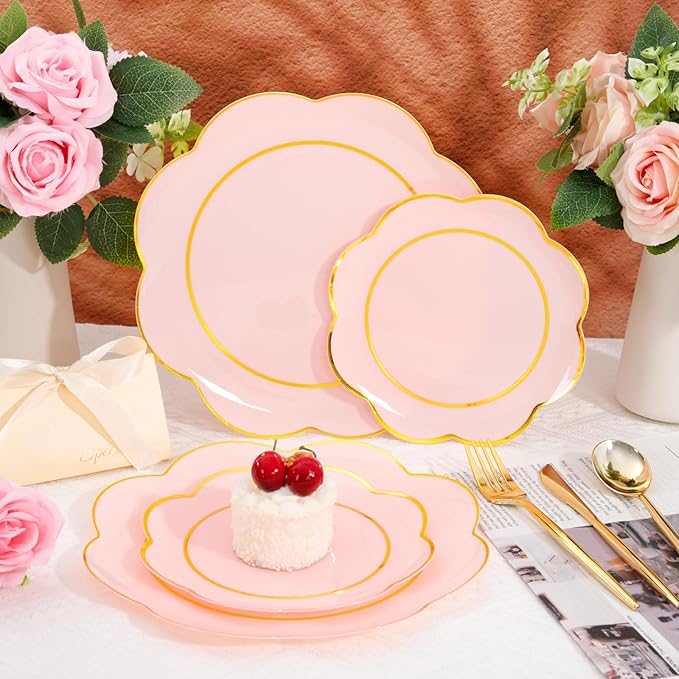 WONDERFUL 60pcs High-End Pink Plastic Plates - Disposable Heavy Duty Pink Plates with Gold Rim Plastic Disposable Plate for Party Wedding/Birthday/Bridal Shower/Upscale Banquet Suitable for 30 Guests