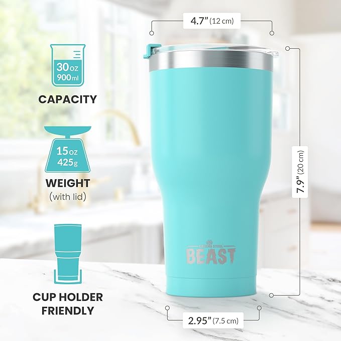 Beast 30 oz Tumbler Stainless Steel Vacuum Insulated Coffee Ice Cup Double Wall Travel Flask (Aquamarine Blue)