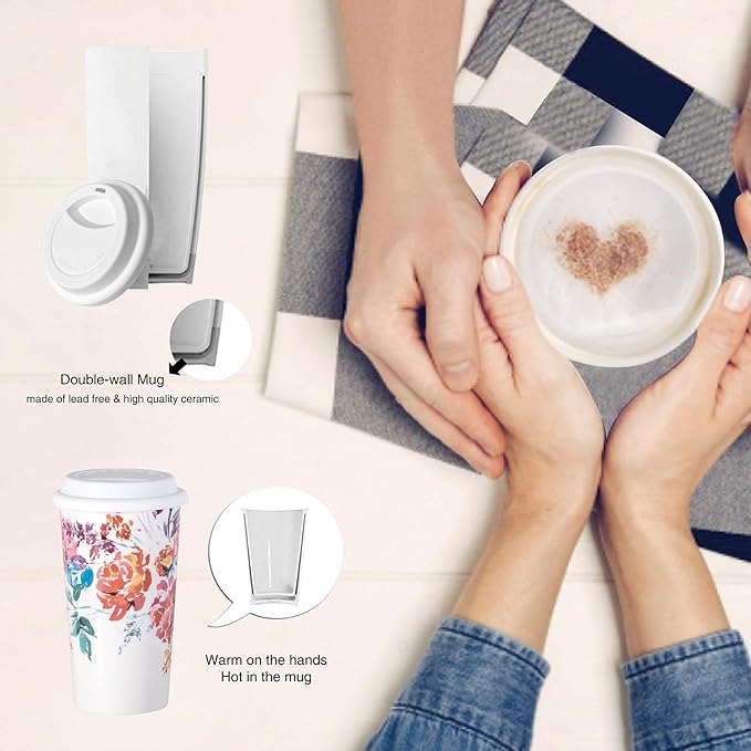 Ceramic Coffee Travel Mug 12 Oz with Lid Spill & Leak Proof, Double-wall Insulated Travel Coffee Mugs Watercolor Peonies Pattern, Gift for Her on Christmas Birthday Mothers Day, White & Pink Flower