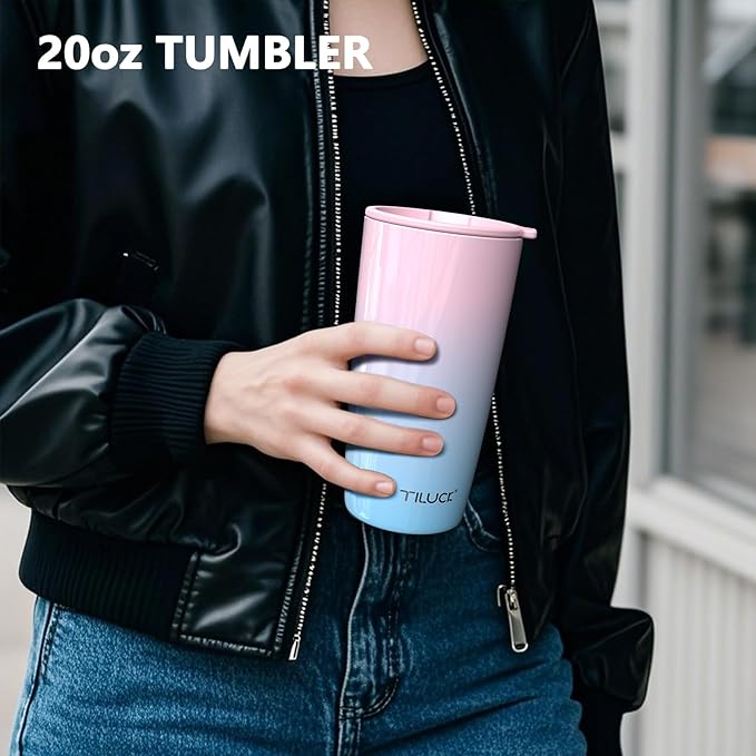 TILUCK 20 oz Tumbler with Leak-Proof Lid, Vacuum Insulated Stainless Steel Coffee Mug, Double-Walled Travel Tumbler for Hot and Cold Drinks(PinkBlue, 20oz)