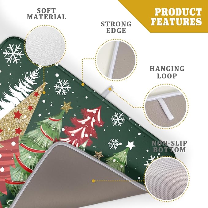 Christmas Dish Drying Mats 18x24, Farmhouse Gold Red Xmas Pine Trees Winter Holiday Washable Microfiber Absorbent Dishes Drainer Rack Pad for Coffee Machine Bar Sink Counter