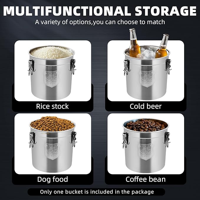 33L/8.7 Gal 304 Stainless Steel Containers with Lids 1116 Oz Airtight Containers with Lids and Lock Hole 304 Stainless Steel Container with Lid for Storage 304 Airtight Stainless Bucket