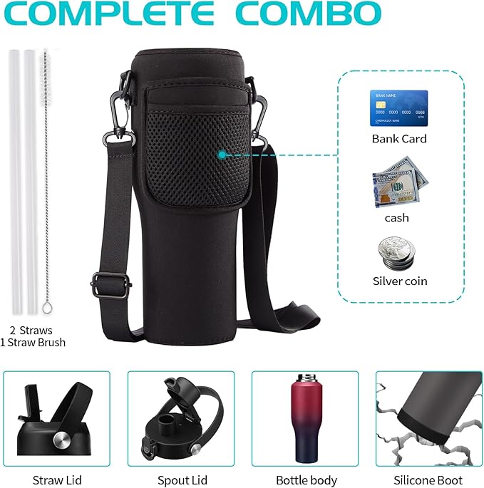 40 oz Insulated Water Bottle with Straw and Spout Lid, Stainless Steel Water Bottle Fits in Cup Holders, Double Wall Metal Flask Large Water Cup for Drive Trip Gym