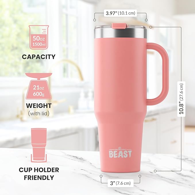 Beast 50 oz Tumbler Stainless Steel Vacuum Insulated Coffee Ice Cup Double Wall Travel Flask (Blossom Pink)